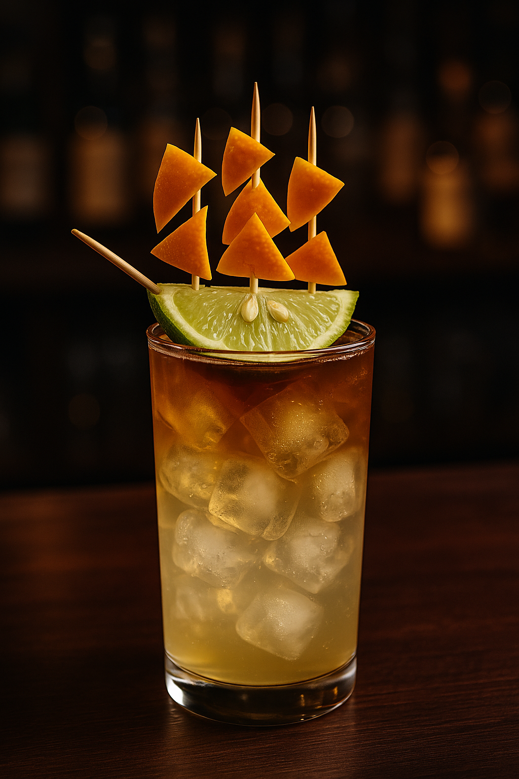 The Classic Dark 'n' Stormy with Lime Ship Garnish